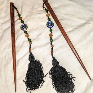 Handmade wood hair chopsticks w tassles